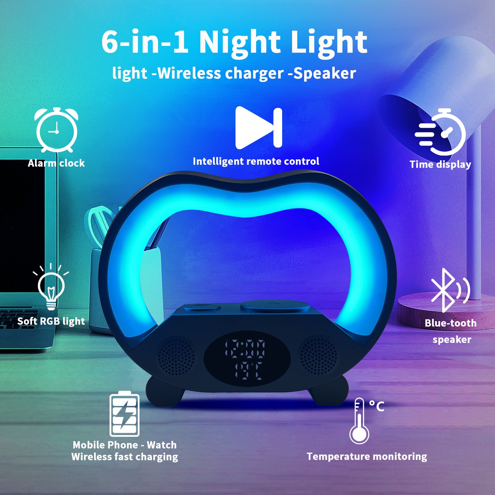 6-in-1 Smart LED Lamp with Wireless Charger & Bluetooth Speaker