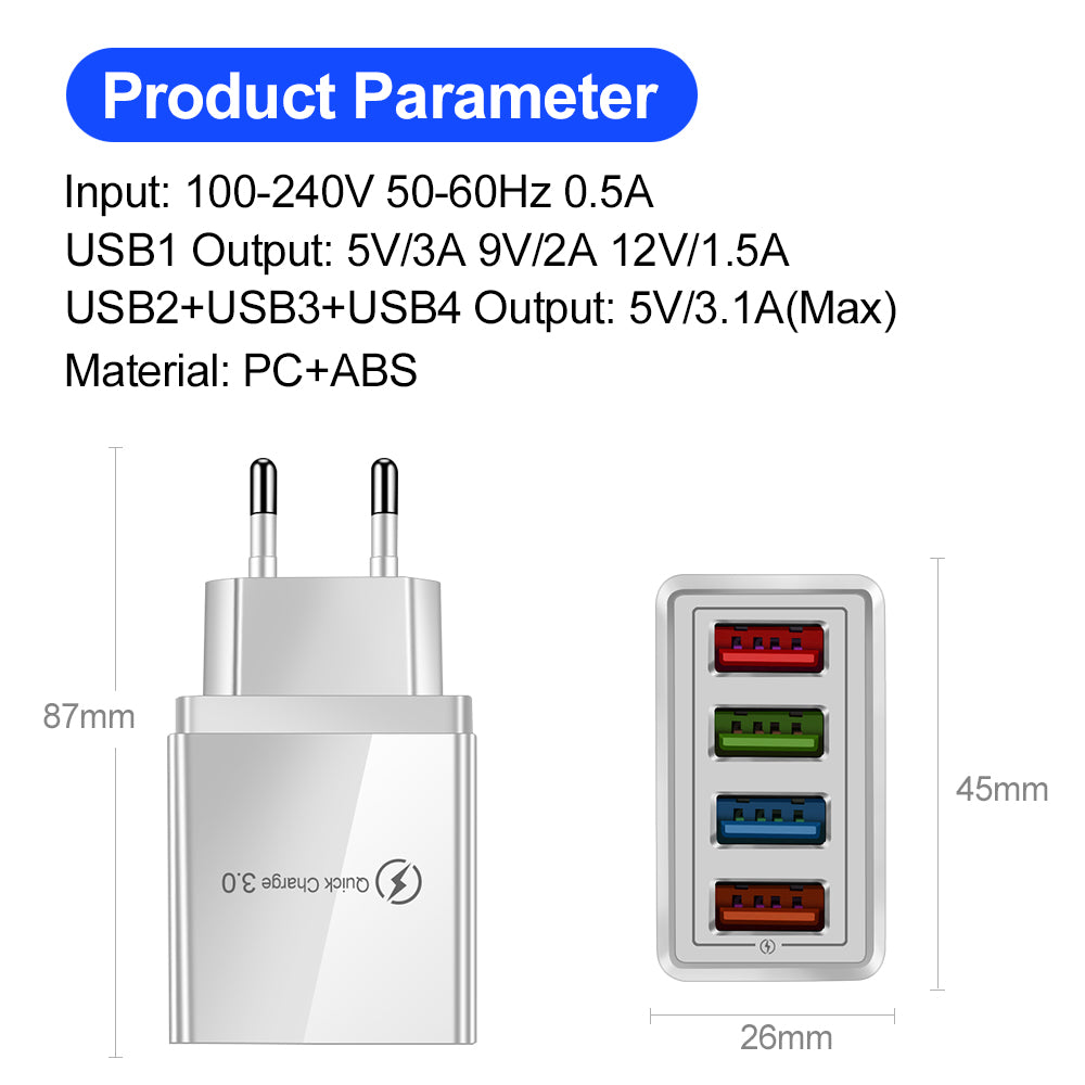 4-Port USB Wall Charger – Quick Charge 3.0